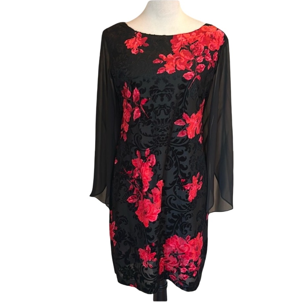 Connected Apparel black and red cocktail dress with sheer sleeves